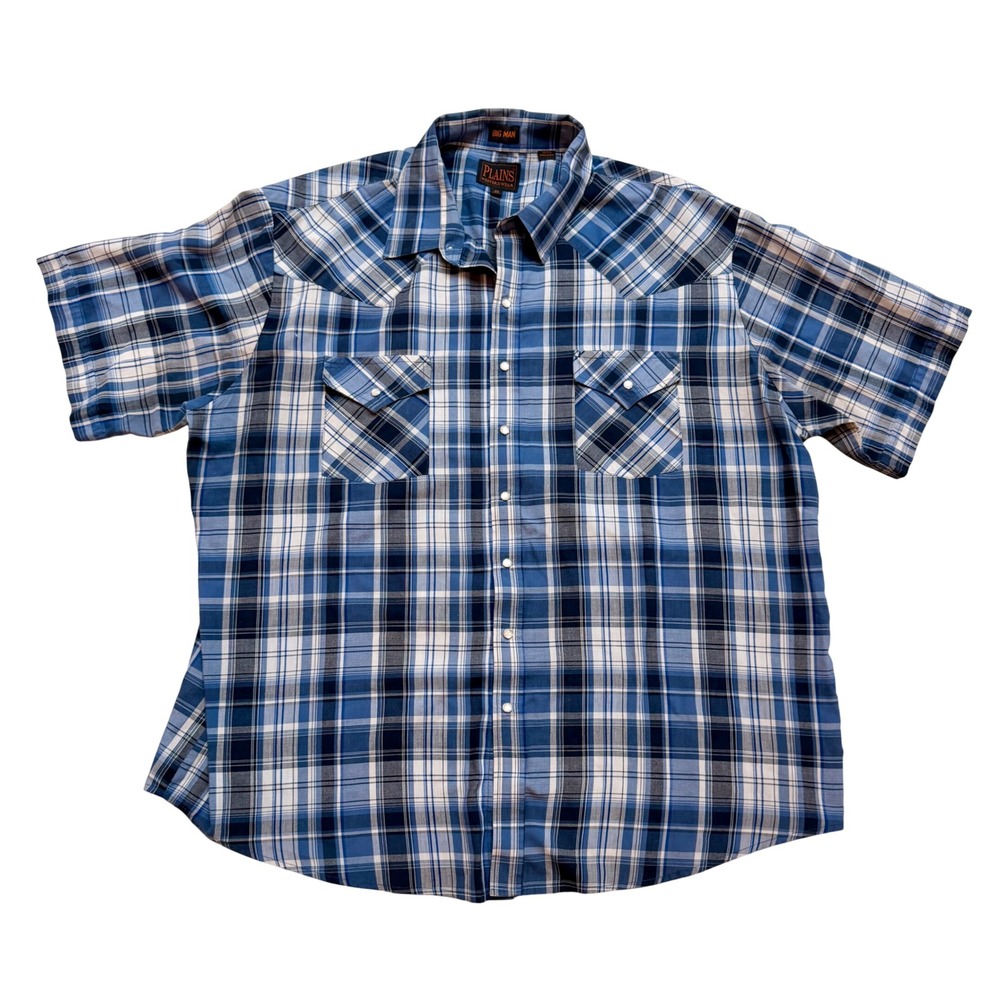 Plains Western Wear Mens 3XL Blue Plaid Pearl Snap Short Sleeve Western Shirt